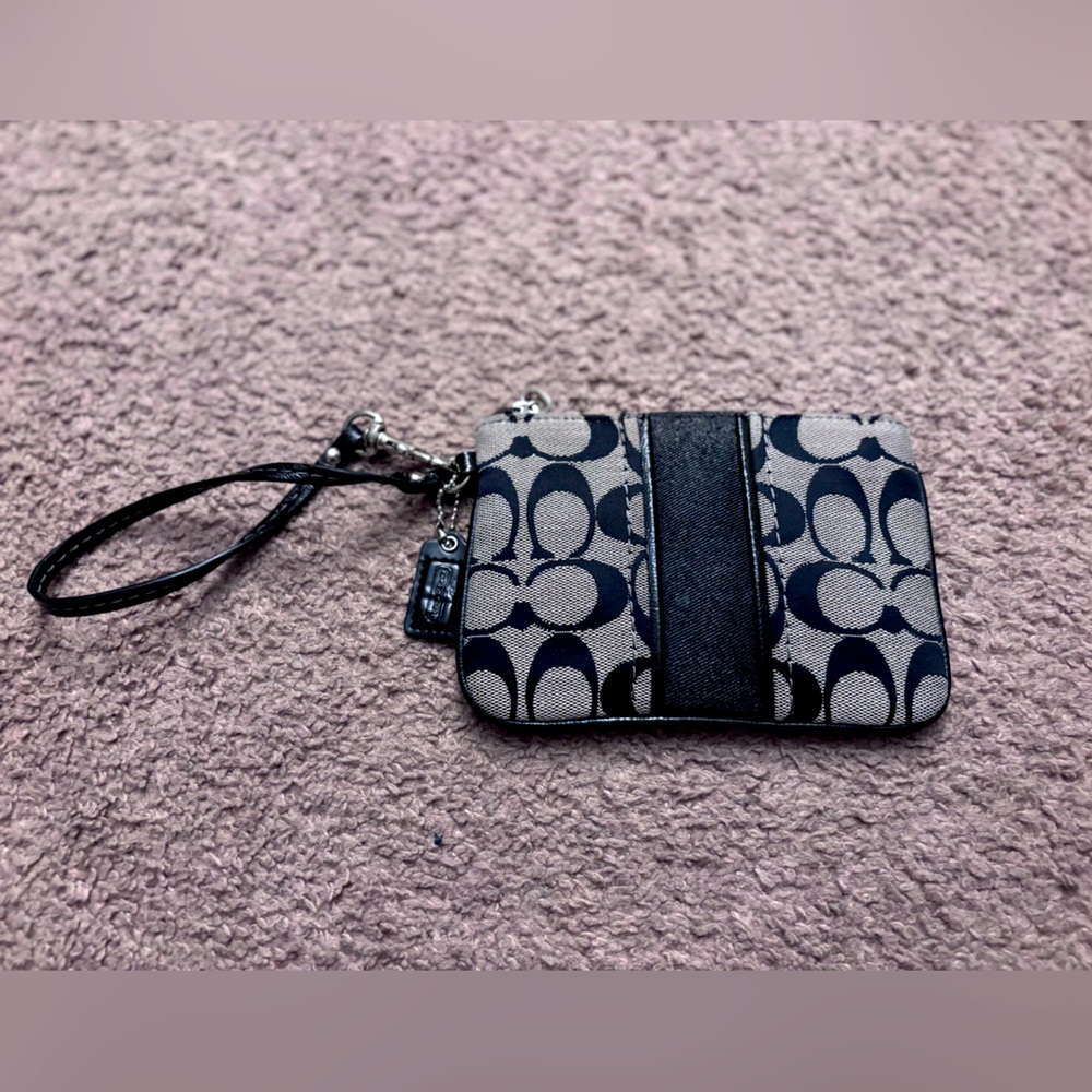 COACH signature logo black and gray stripe wristlet wallet mini bag